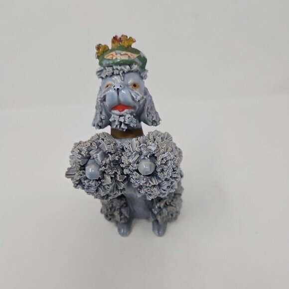 Vintage 1950s Spaghetti French Poodle Figurine Standing Beret Blue Grey Marked W - Picture 2 of 8